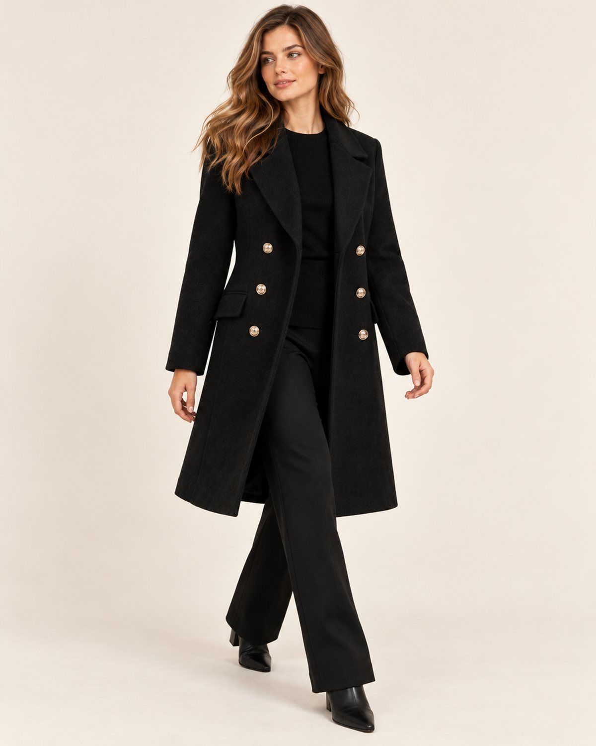 Women's black double breasted lapel coat walking view
