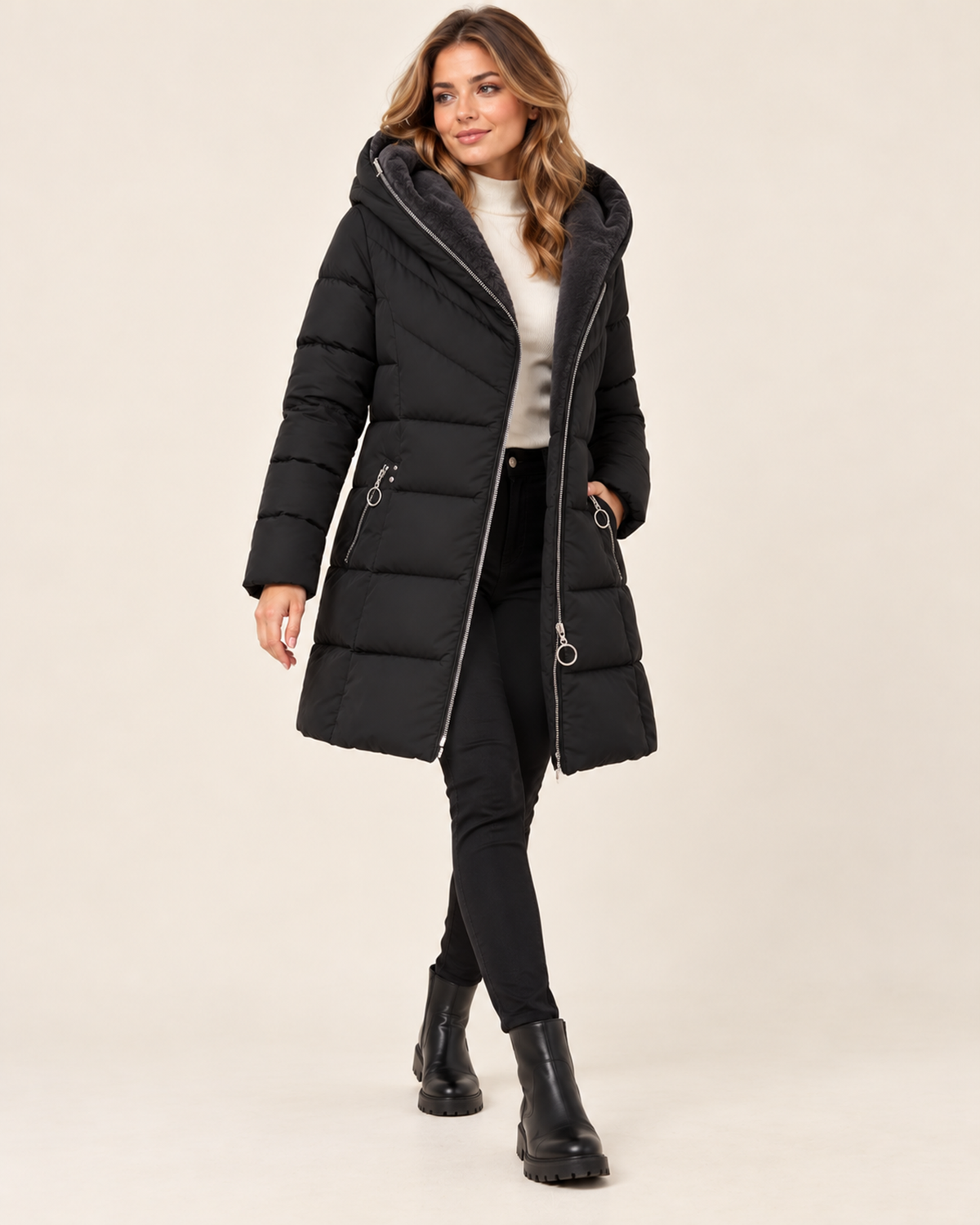 Women's black long puffer jacket with asymmetric zip walking view