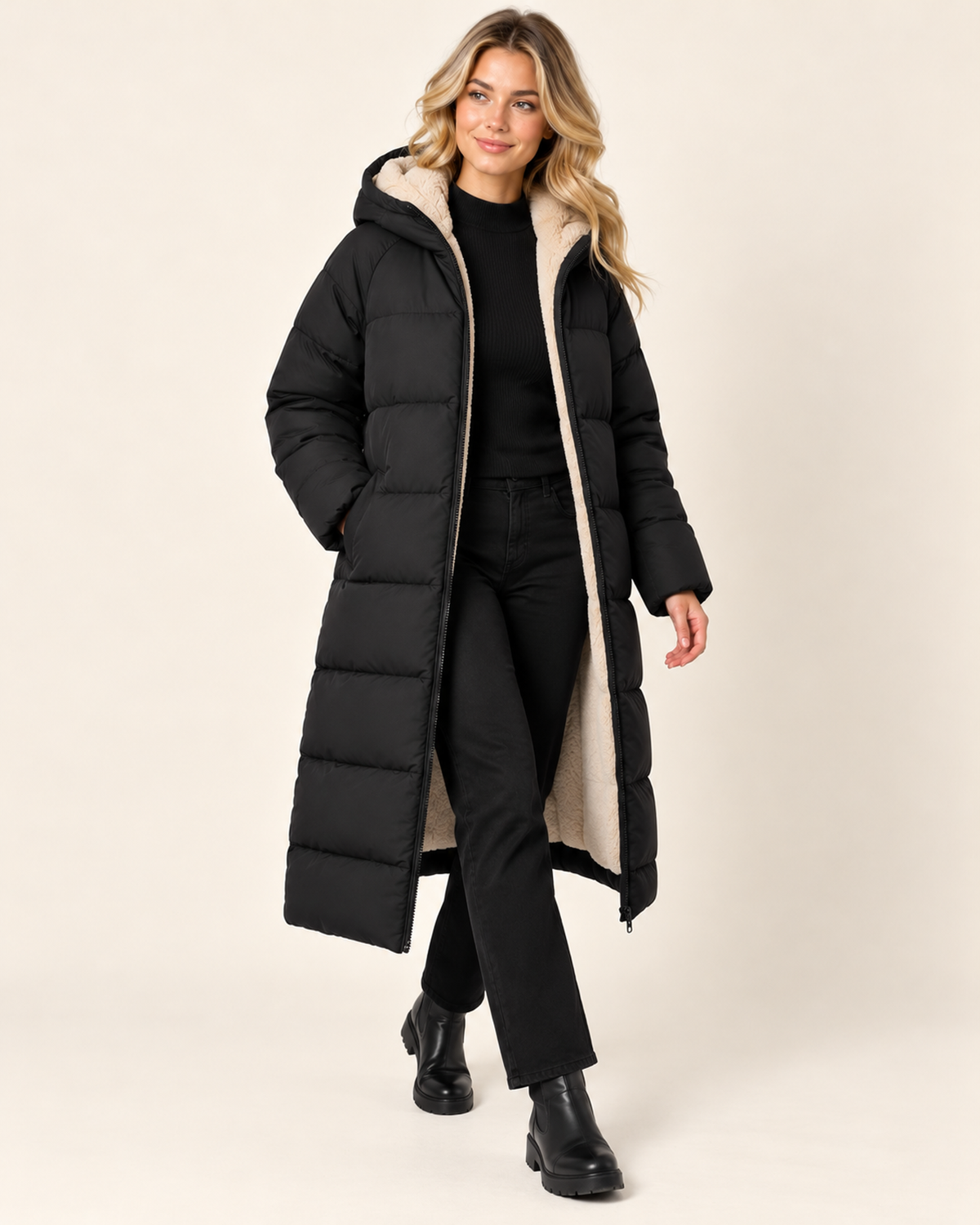 Women's black long puffer coat with hood walking view