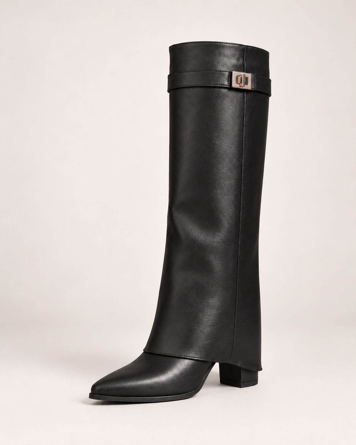 Women's black knee high boot three-quarter view