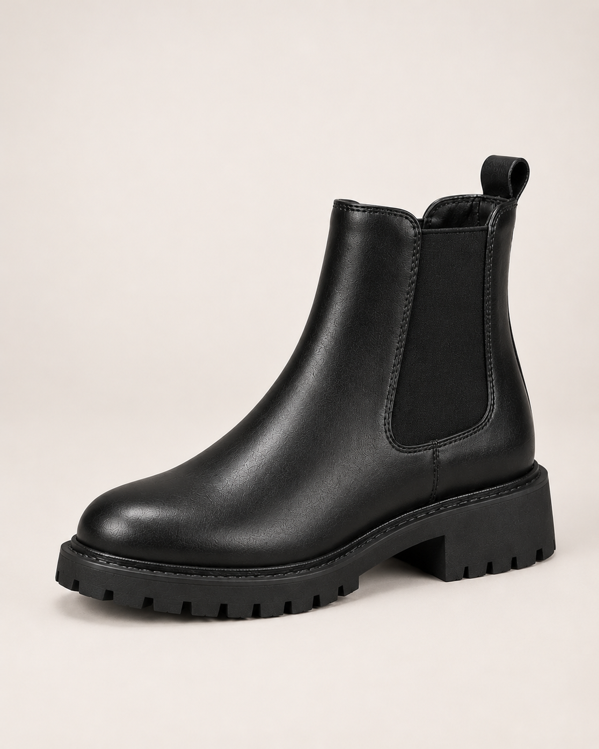 Women's black chunky Chelsea boot three-quarter view