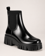 Women's black gloss Chelsea Wellington boot side three-quarter view