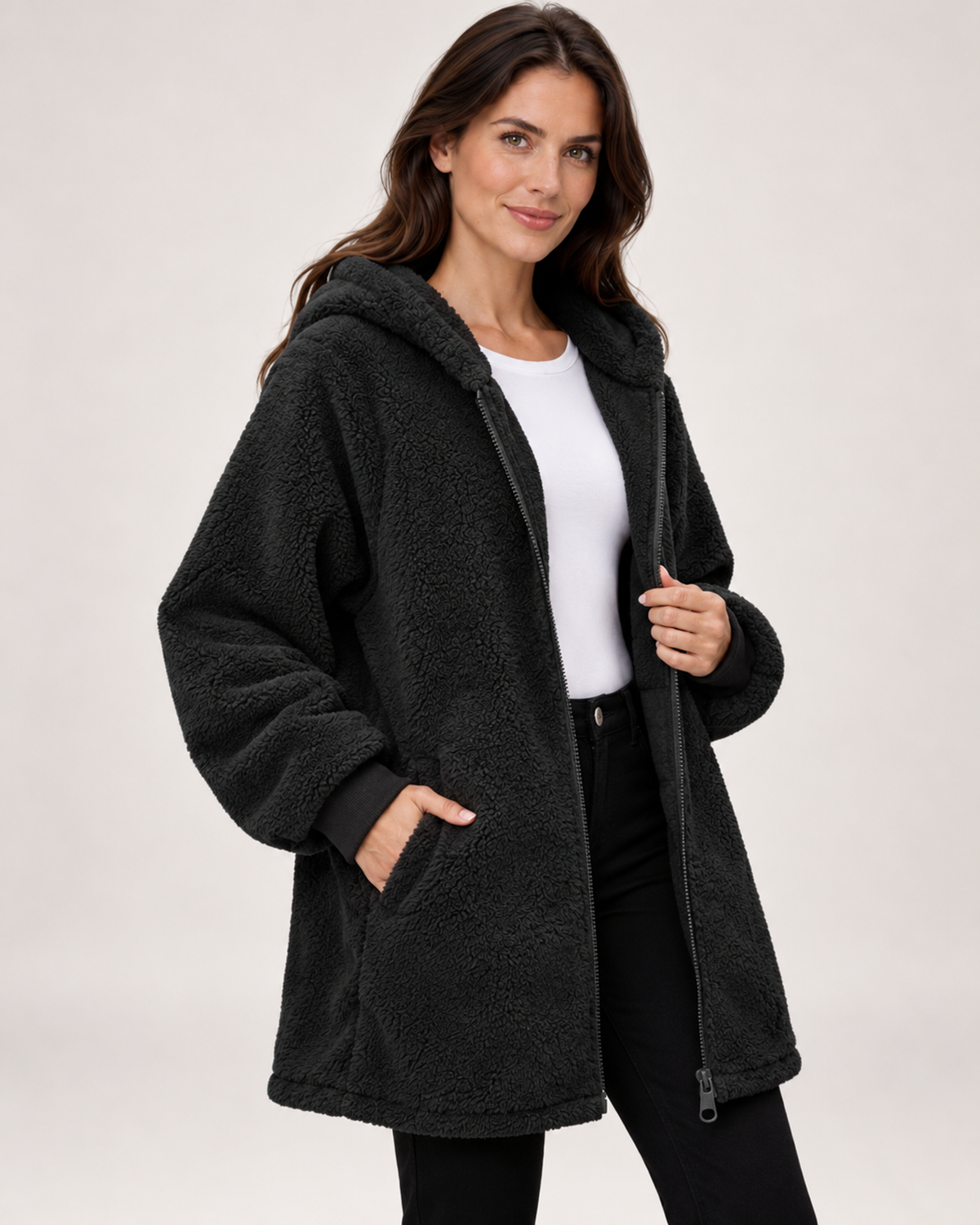 Women's black fleece hooded jacket open three quarter view