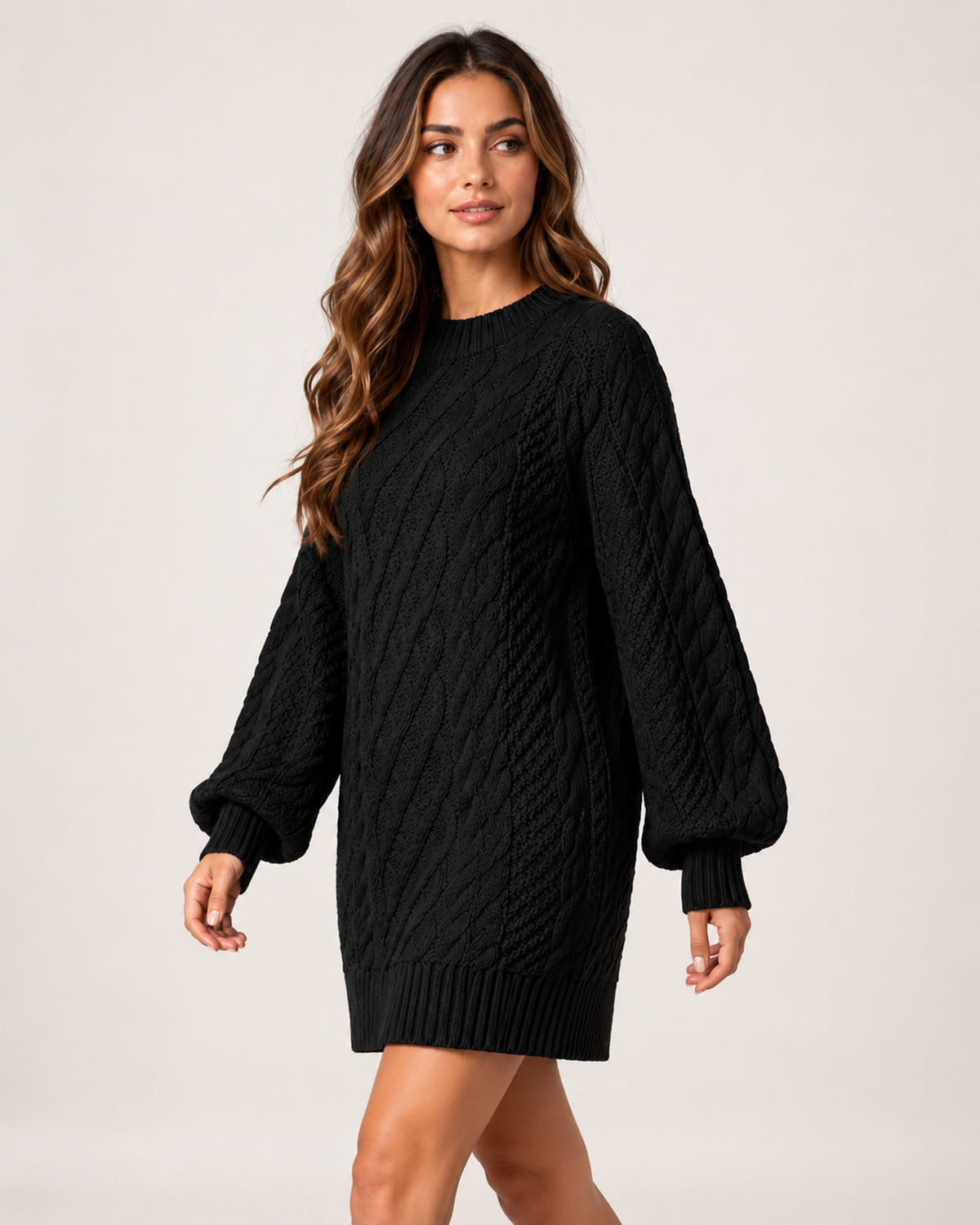 Women's black oversized cable knit jumper dress three-quarter view