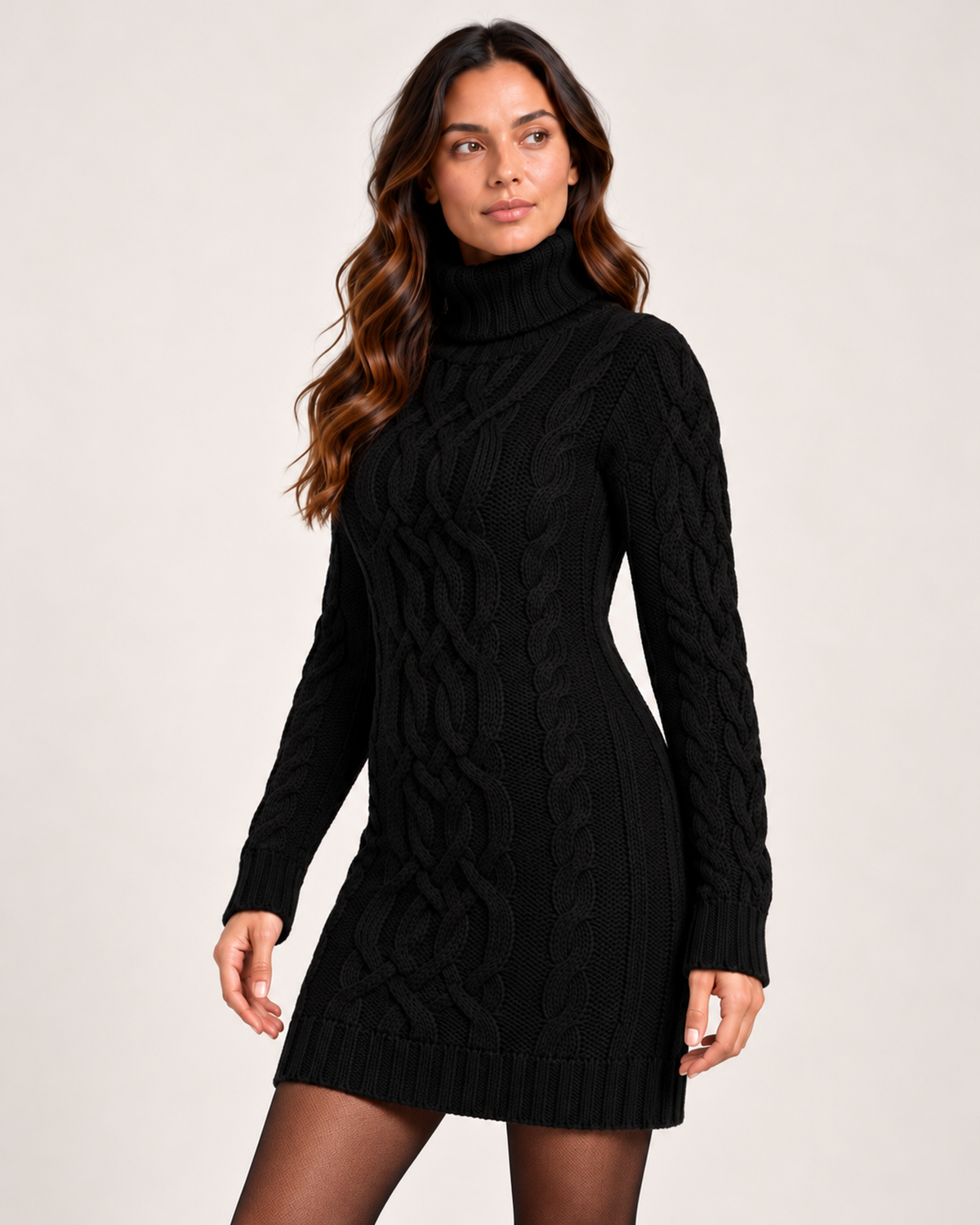 Women's black cable knit roll neck jumper dress three-quarter view