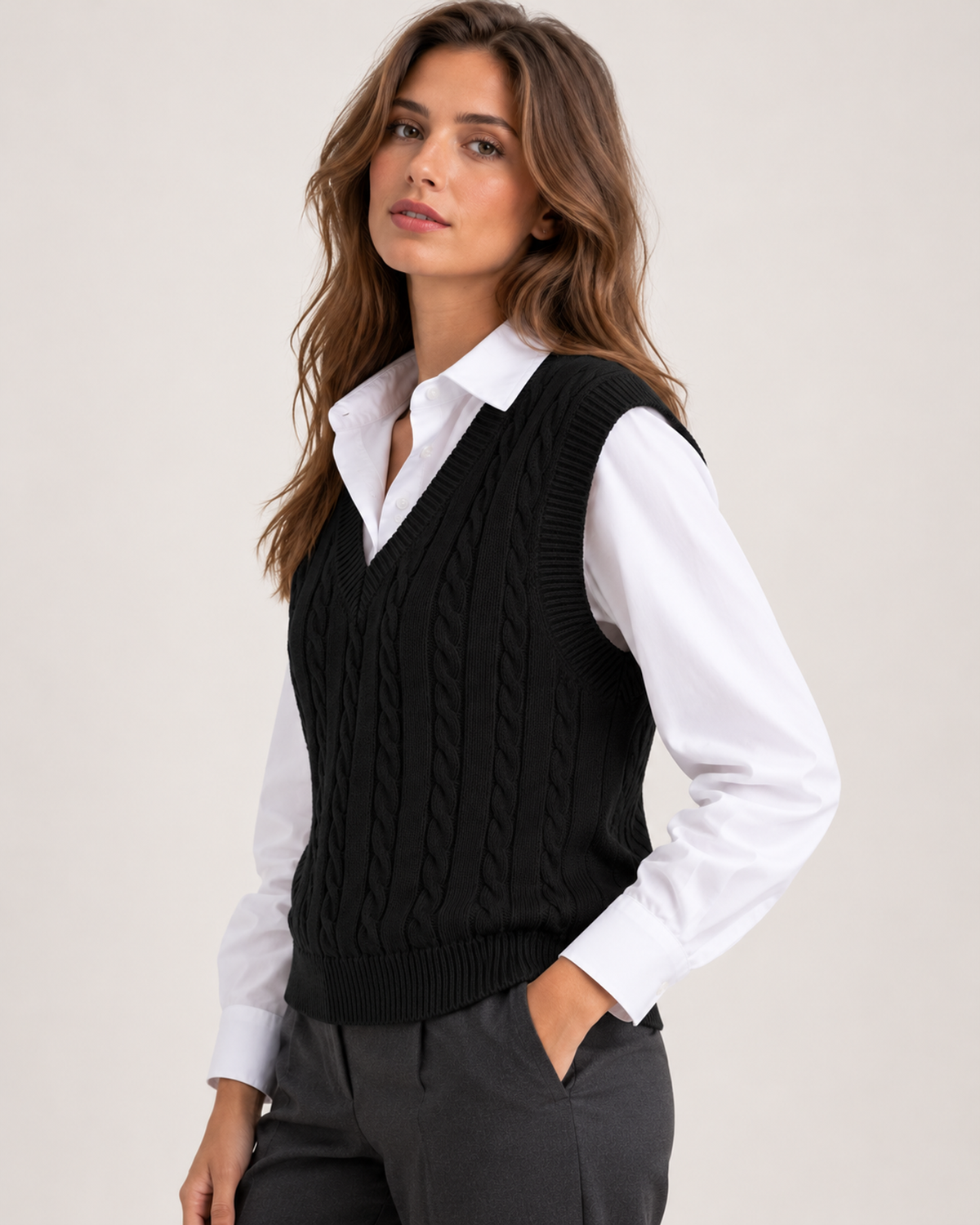 Women's black cable knit sweater vest close three quarter view