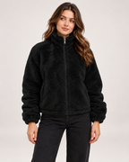 Women’s black fleece jacket close front zipped view