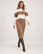 Women's Knitted Co-Ord Set with Colour-Block Jumper and Midi Skirt walking view