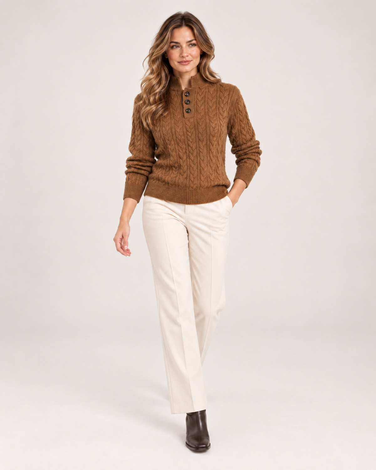 Women's Cable Knit Jumper with Stand Collar and Button Neck product view