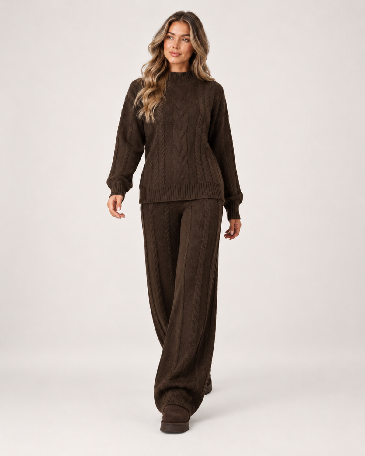 Women's Knitted Co-Ord Set with Cable Knit Jumper and Wide Leg Trousers product view