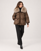 Women's Puffer Jacket with Faux Fur Collar and Drawstring Waist product view