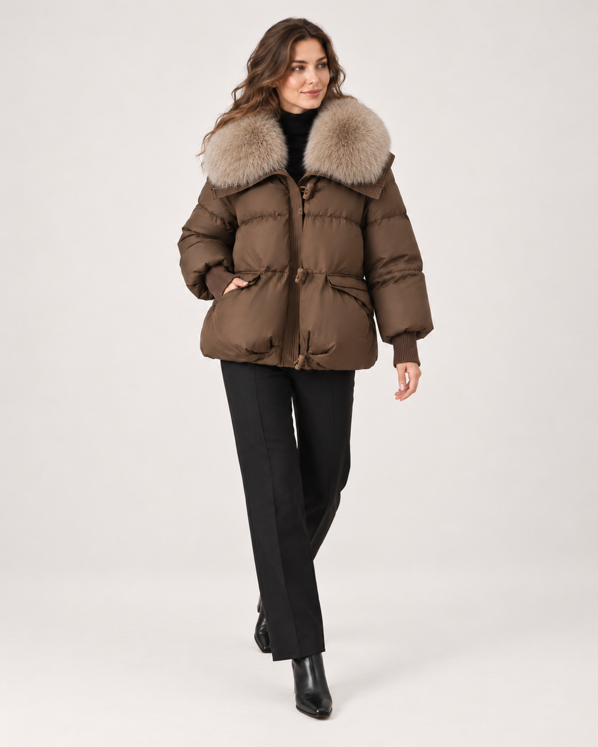 Women's Puffer Jacket with Faux Fur Collar and Drawstring Waist product view