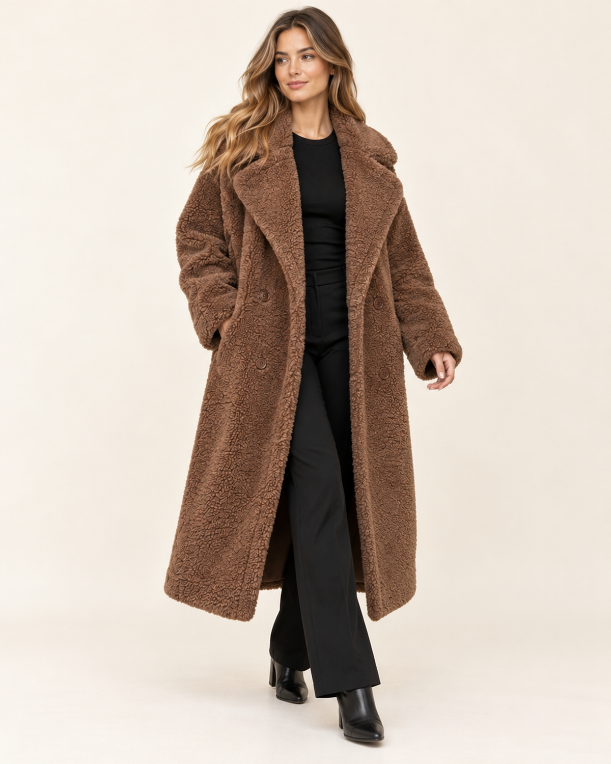 Women's brown long teddy coat walking view
