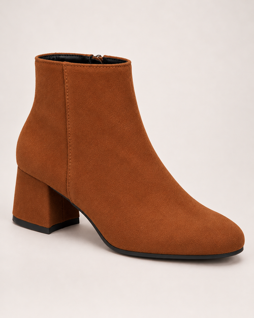 Women's brown suede ankle boot three-quarter view