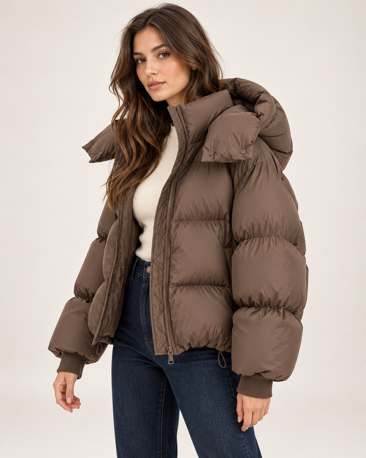 Women's brown puffer jacket with oversized hood open three quarter view