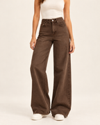 Women's brown high waist wide leg jeans front view