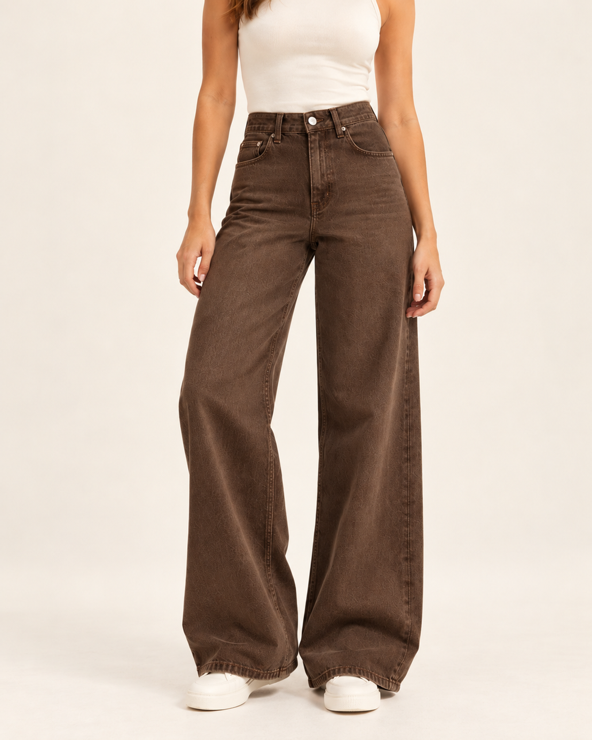 Women's brown high waist wide leg jeans front view