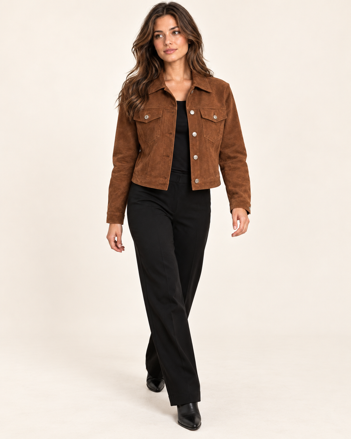 Women's brown faux suede button up jacket walking view