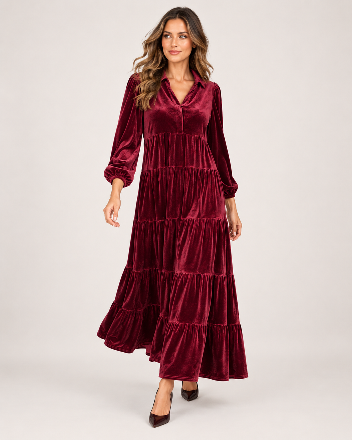 Women’s Velvet Maxi Dress with Collar and Tiered Skirt in Burgundy, full body view