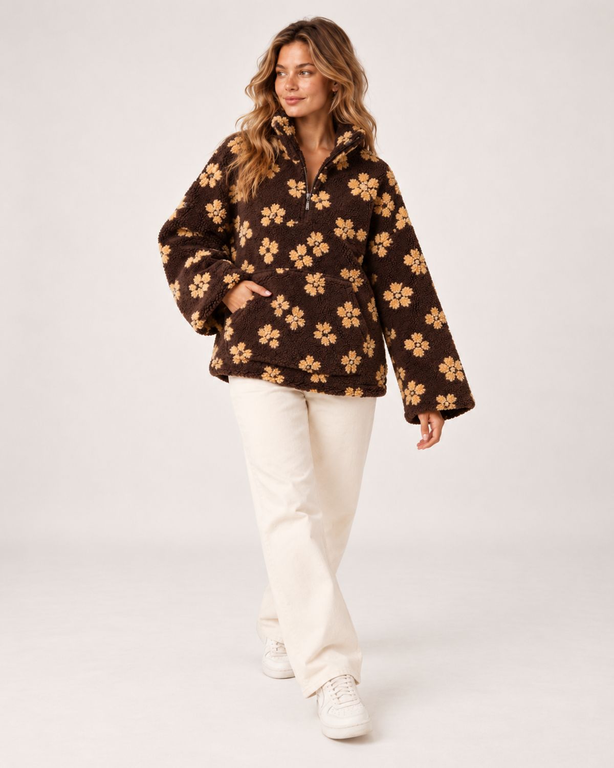 Women's Borg Jacket with Floral Pattern and Half Zip product view