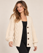 Women's cream chunky knit cardigan three-quarter view