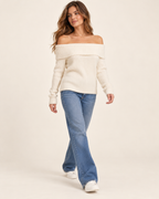 Women's cream off shoulder knitted jumper walking view