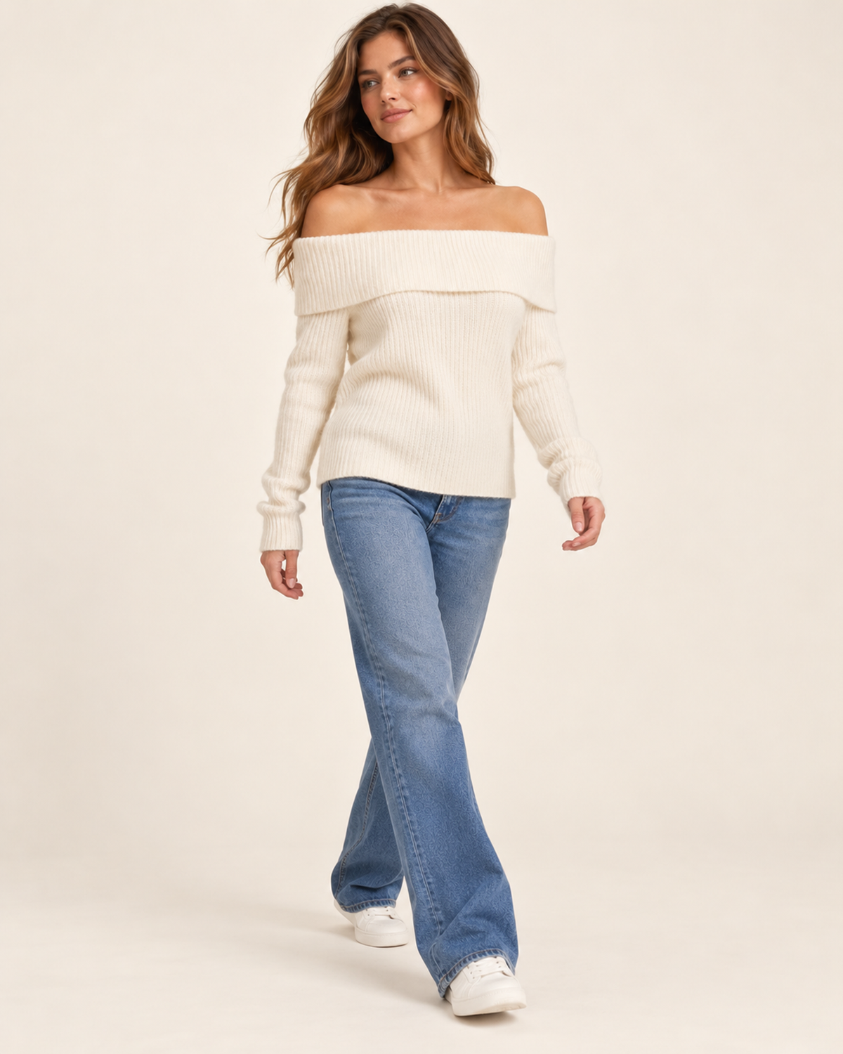Women's cream off shoulder knitted jumper walking view