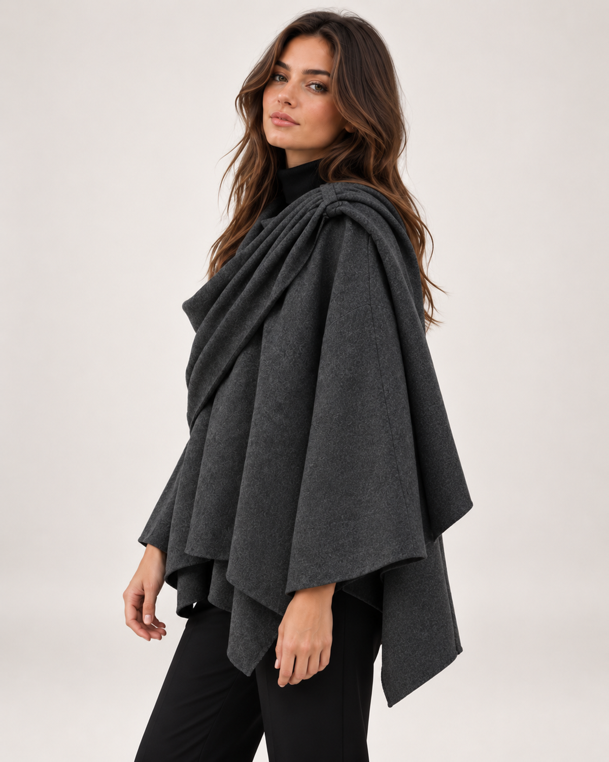 Women's dark grey asymmetric scarf cape coat close side view