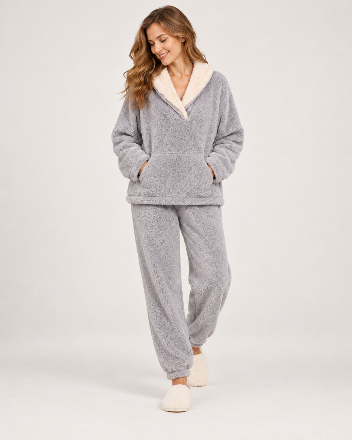 Women’s Fleece Pyjamas with Contrast Collar in Grey, full body view