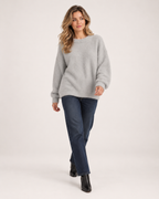 Women’s Fluffy Jumper with Crew Neck in Grey, full body view