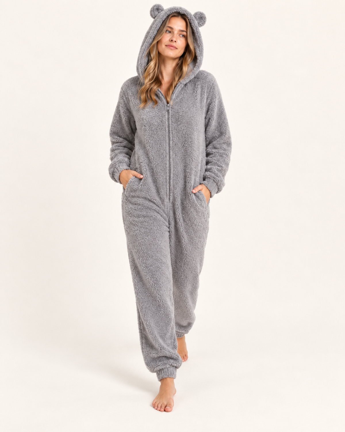 Women’s Fleece Onesie with Hood and Bear Ear Detail in Grey, full body view
