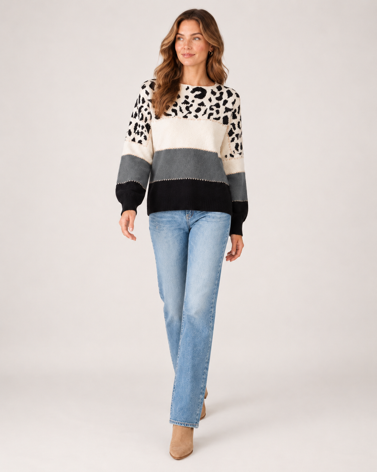 Women's Knitted Jumper Patterned Colour Block Crew Neck Style product view