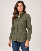 Women's olive utility jacket closed three quarter view