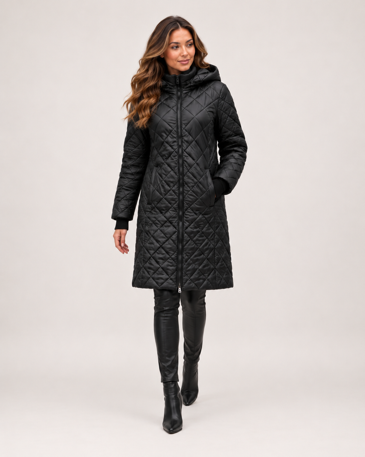 Women's Long Quilted Coat with Diamond Stitching product view