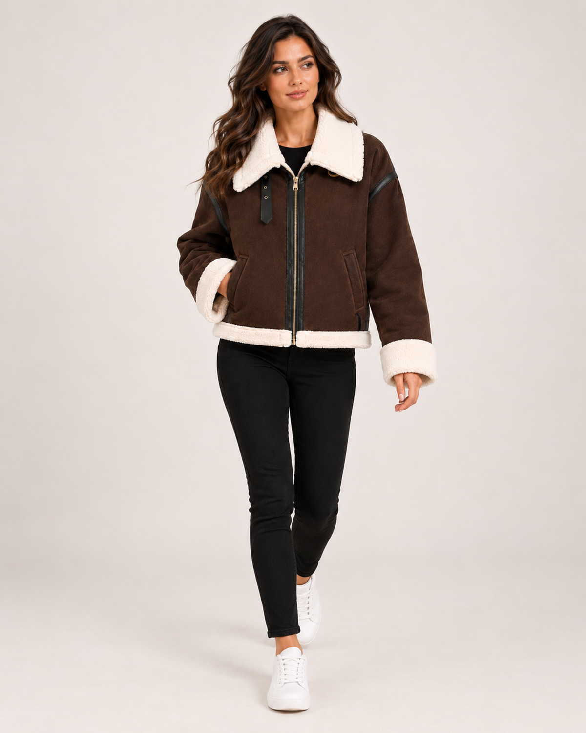 Women's Brown Suede Aviator Jacket – Faux Fur Collar Cropped Jacket product view
