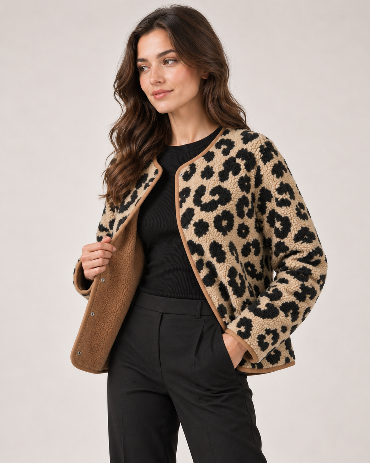 Women’s leopard print jacket open view showing contrast lining