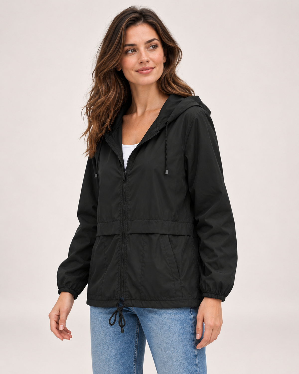 Women's black lightweight hooded utility jacket three quarter view