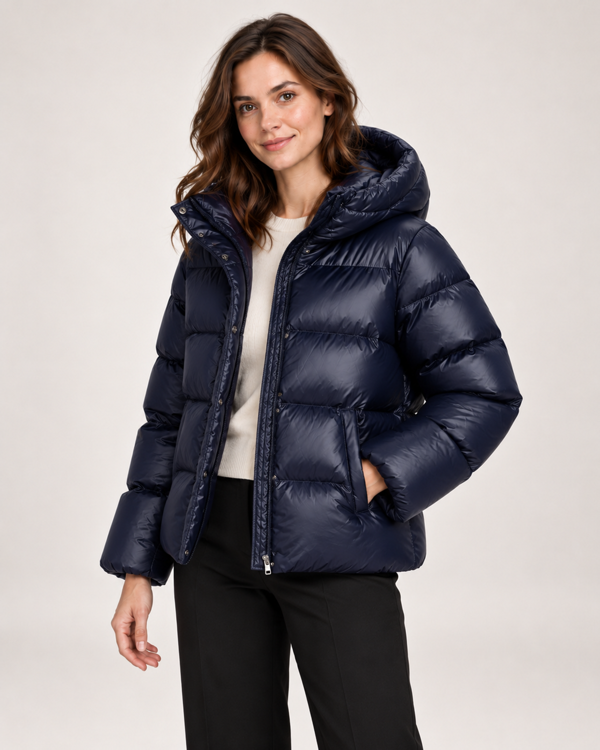 Women's blue hooded puffer jacket open three quarter view