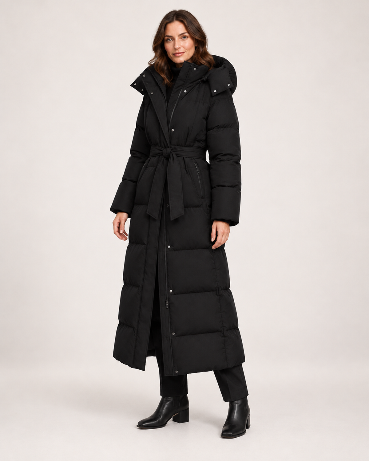 Women's black long puffer coat three quarter view