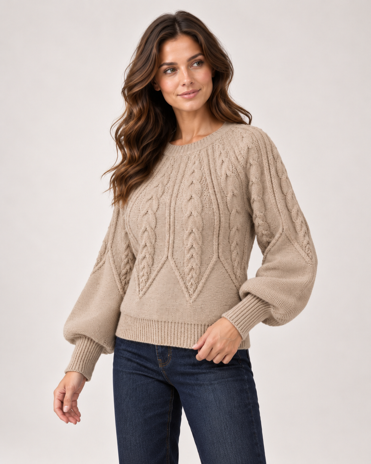 Women’s beige cable knit jumper three quarter view