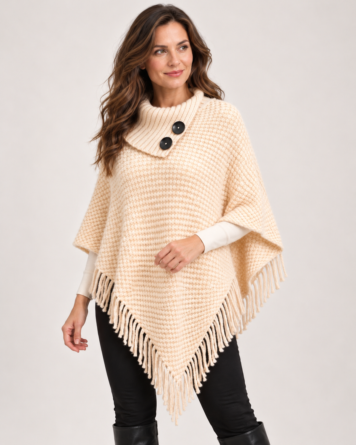 Women’s beige poncho three quarter view