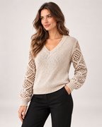 Women's beige V neck jumper with openwork sleeves three quarter view