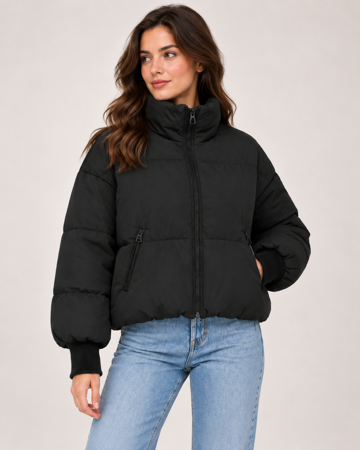 Women's cropped puffer jacket in black shown from a three-quarter angle