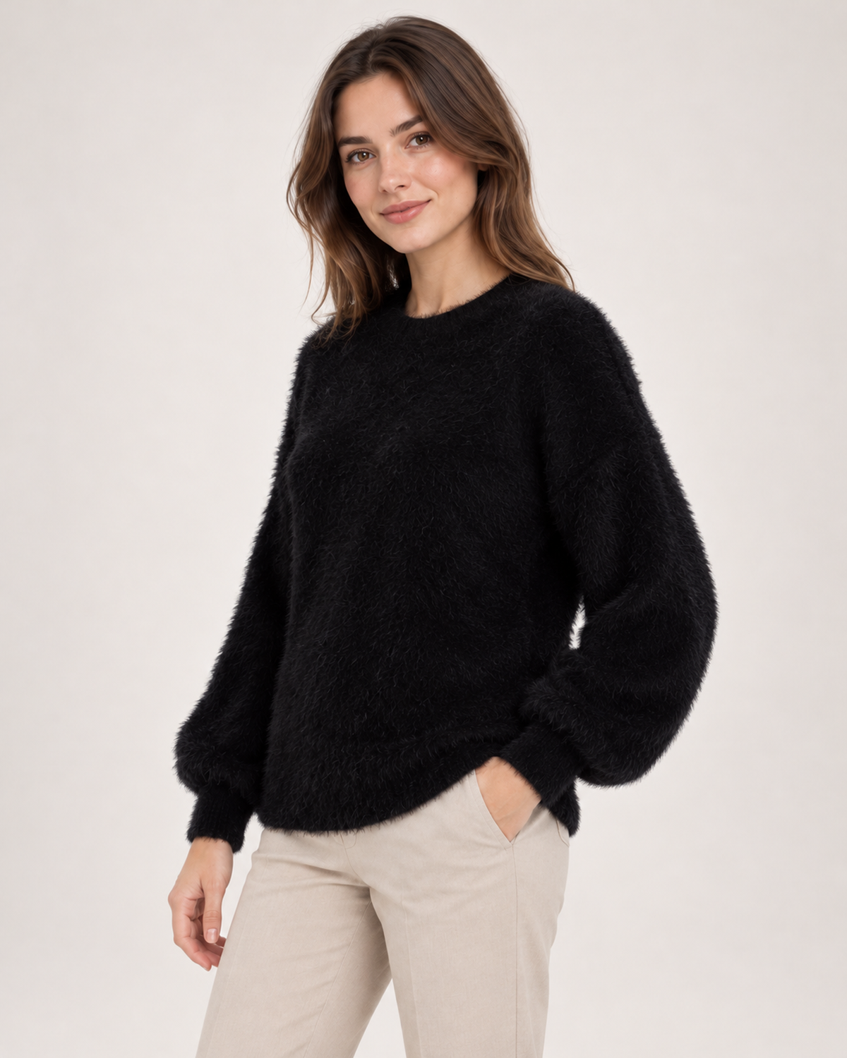 Women's black fluffy crew neck jumper three quarter view