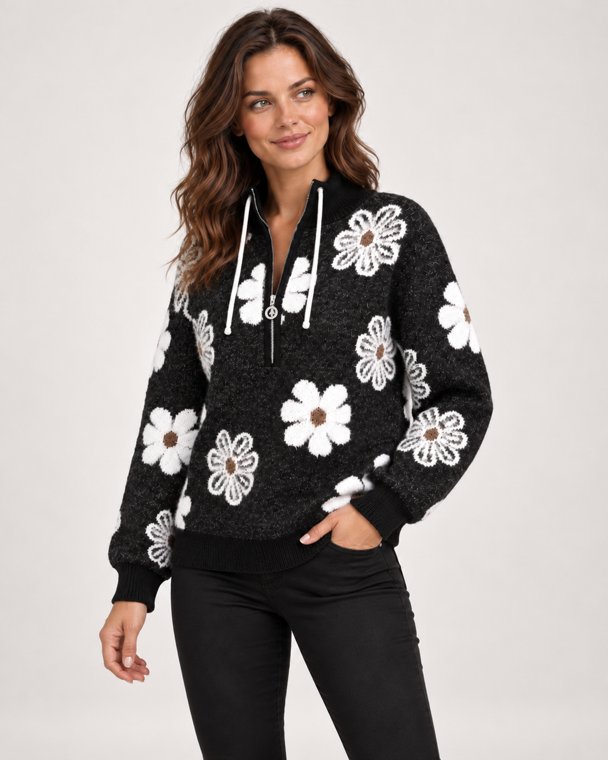 Women’s black half-zip floral jumper – three-quarter view