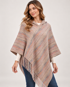 Women's apricot striped hooded poncho three quarter view