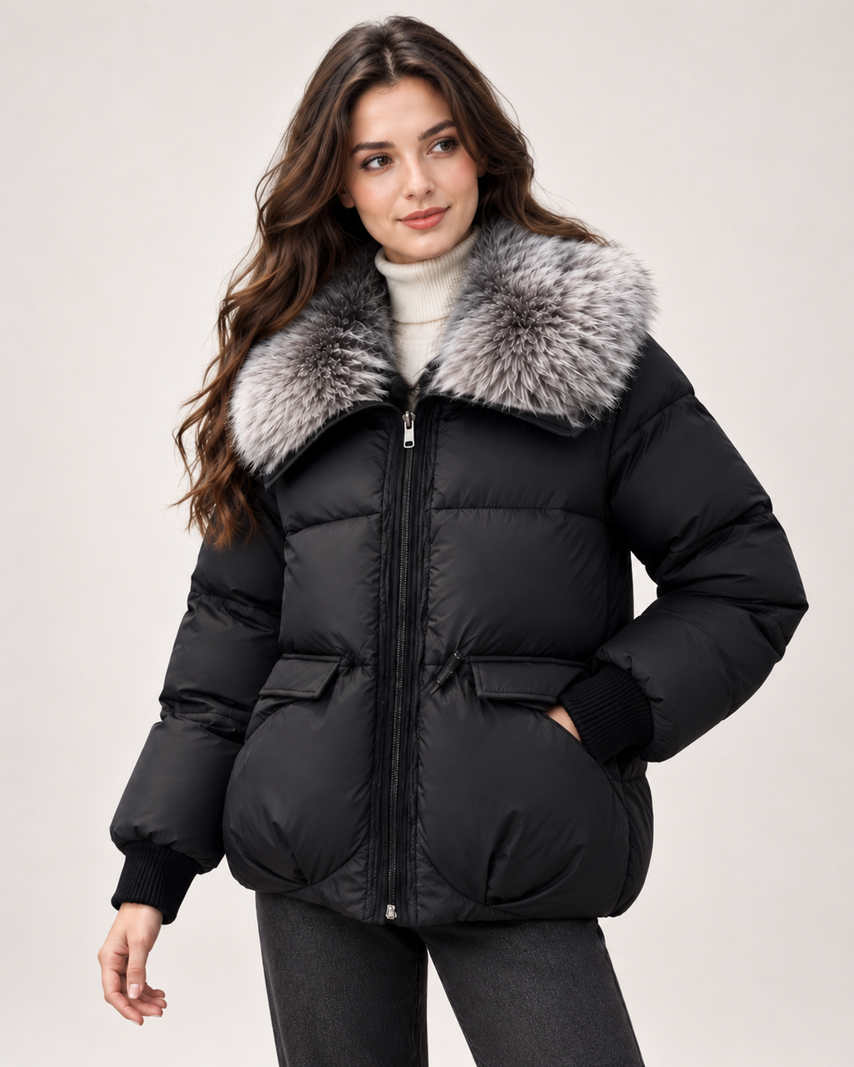 Women’s black puffer jacket with faux fur collar three quarter view