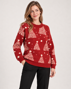 Women's red Christmas tree jumper shown from a three-quarter angle
