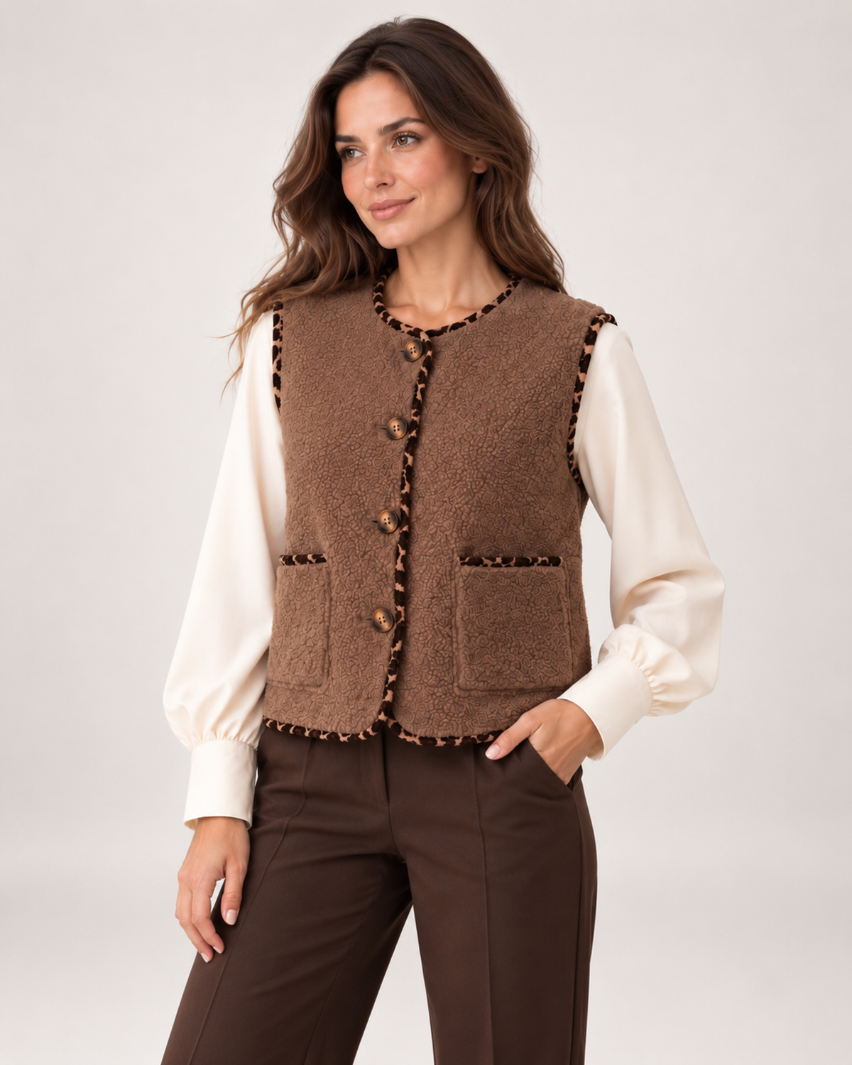 Women's brown borg gilet three quarter view
