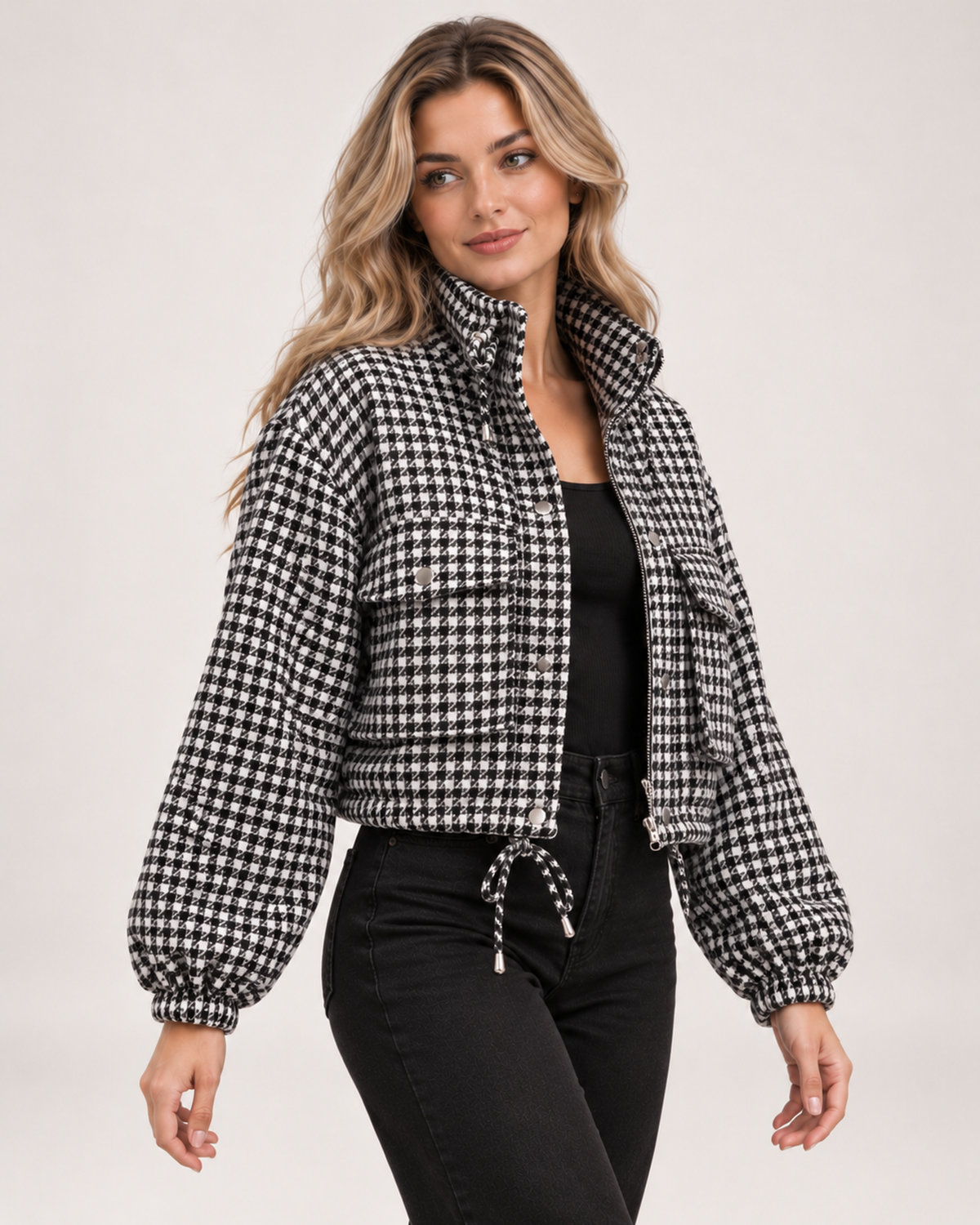 Women's checked cropped jacket three quarter view
